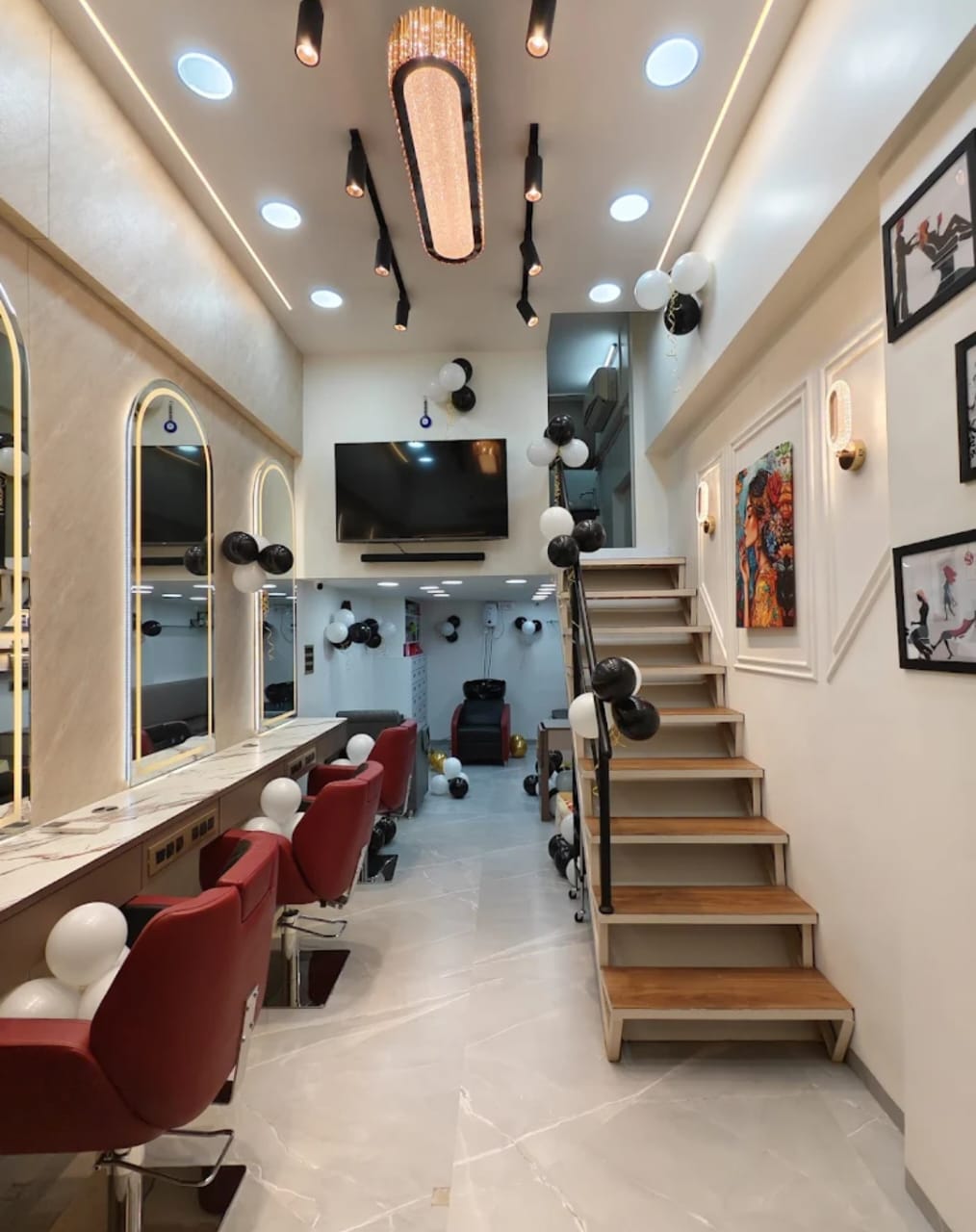 Salon interior with chandelier and mirrors